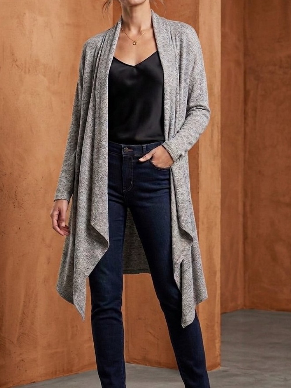 White House Black Market Large Heathered Gray Open-Front Cardigan Duster Robe
